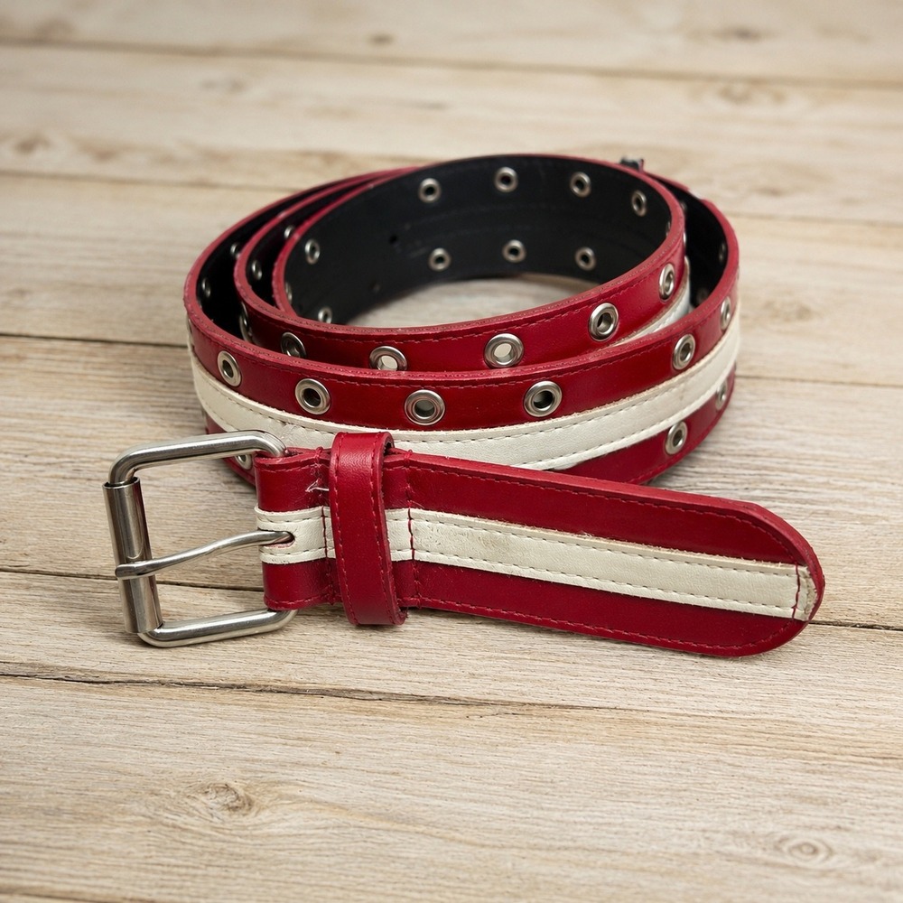 Vintage Y2K Red White Racing‎ Stripe Grommet Belt Womens M Biker Faux Leather
